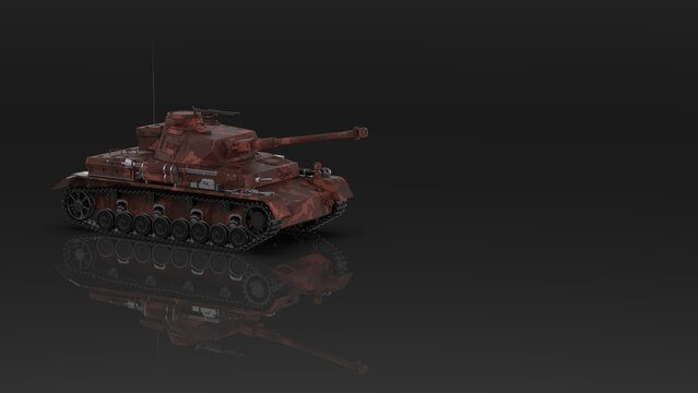 Metallic military red camo painting tank on flash lighting background. Concept image of power strength, dynamic strategy and Strong system. 3D illustration. 3D high quality rendering. 3D CG.