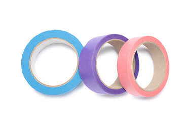 Different rolls of adhesive tape on white background, top view