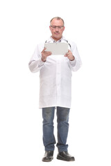 Front view of smiling doctor with tablet computer. Isolated over white background