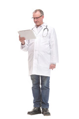 Front view of smiling doctor with tablet computer. Isolated over white background