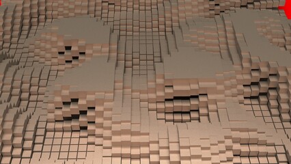 Abstract background with waves made of a lot of blown cubes geometry primitive forms that goes up and down under black-white lighting. 3D illustration. 3D CG. High resolution.