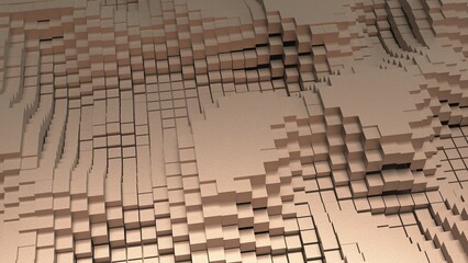 Abstract background with waves made of a lot of blown cubes geometry primitive forms that goes up and down under black-white lighting. 3D illustration. 3D CG. High resolution.