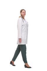 Full length portrait of medical doctor woman going sideways