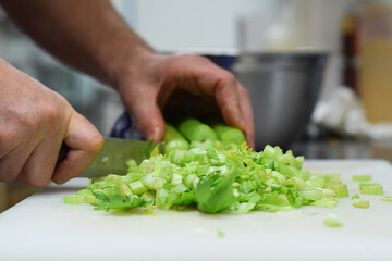 Naklejka na ściany i meble Restaurant kitchen employee cutting celery with knife
