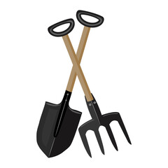 Shovel and pitchfork isolated on white background. Crossed gardening and farming tools. Garden fork and spade icon. Agriculture equipment shop or market logo, sign or symbol. Stock vector illustration