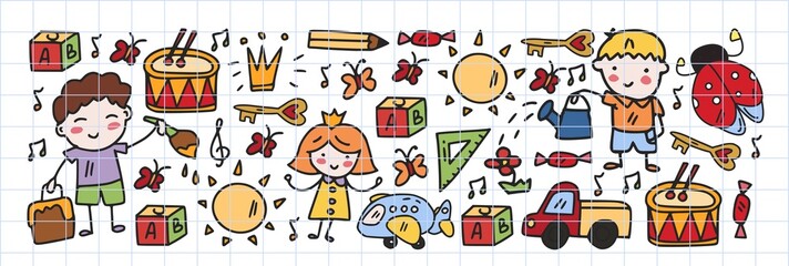 Vector pattern with little children. Kindergarten. Imagination. Creativity. Play.