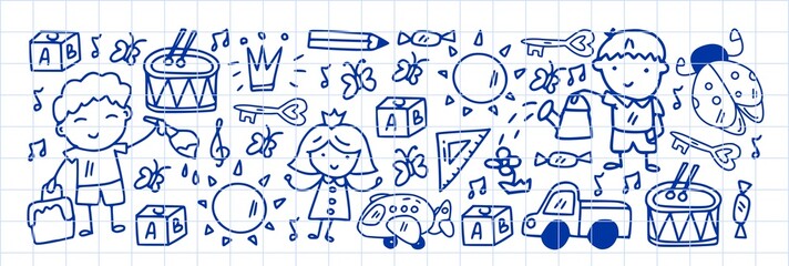 Vector pattern with little children. Kindergarten. Imagination. Creativity. Play.