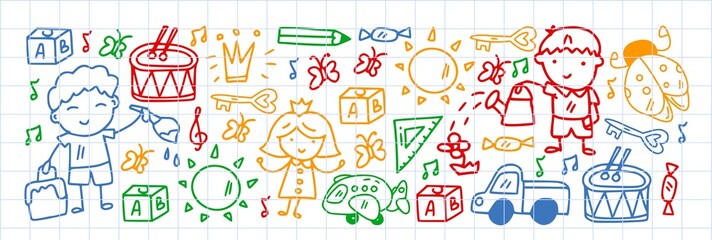 Vector pattern with little children. Kindergarten. Imagination. Creativity. Play.