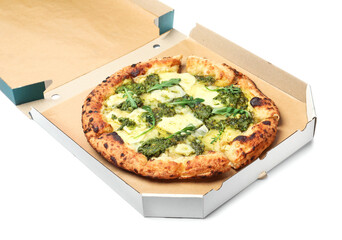 Delicious pizza with pesto, cheese and arugula in cardboard box on white background