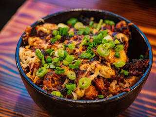 Close up shot of Japanese style fried pork belly rice