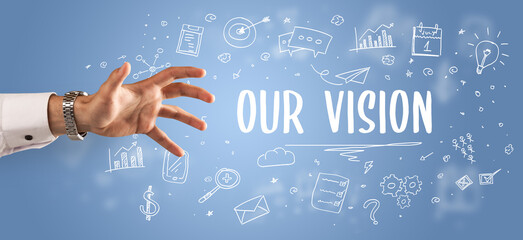 Close-Up of cropped hand pointing at business inscription