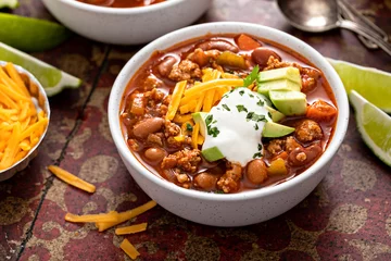 Gardinen Chilischoten Traditional chili soup with meat and red beans  © fahrwasser