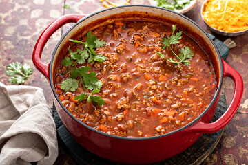 Traditional chili soup with meat and red beans - obrazy, fototapety, plakaty