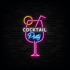 Cocktail Party Neon Sign . Design Template Neon Style