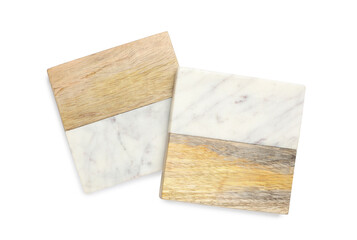 Two stylish cup coasters on white background