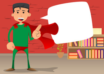 Funny cartoon man dressed as a superhero saying no with his finger. Vector illustration.