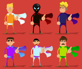 Funny cartoon man dressed as a superhero saying no with his finger. Vector illustration.