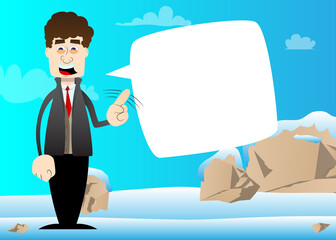 Funny cartoon man dressed for winter saying no with his finger. Vector illustration.