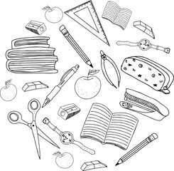 a set of doodle pictures with school stationery and books. Vector illustration