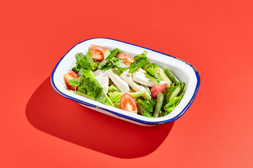 Vegetarian green salad on trendy red background with hard shadow. Green bowl with vegetables and tofu in minimal style. Contemporary food menu. Healthy food in modern concept.