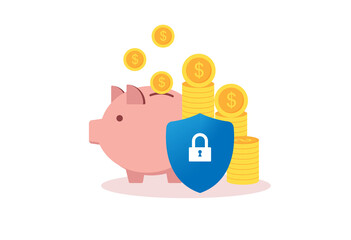 Piggy bank, dollar coins, shield protect, concept of money protection, financial saving insurance, Vector flat illustration.