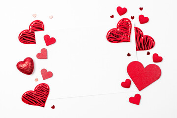 Valentine heart background. Red heart, romantic gift on love white background with copy space. Valentines day decoration for flatlay background.