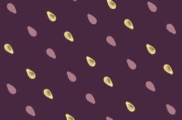 Colorful pattern of fresh avocados on dark purple background. Top view. Flat lay. Pop art design