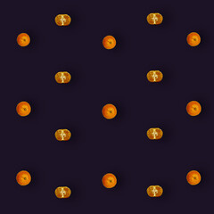 Colorful fruit pattern of fresh tangerines on dark background. Mandarine. Top view. Flat lay. Pop art design