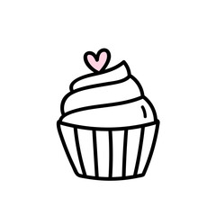 Cute cupcake decorated with heart isolated on white background. Vector hand-drawn illustration in doodle style. Perfect for Valentine's Day designs, cards, invitations, decorations, logo.