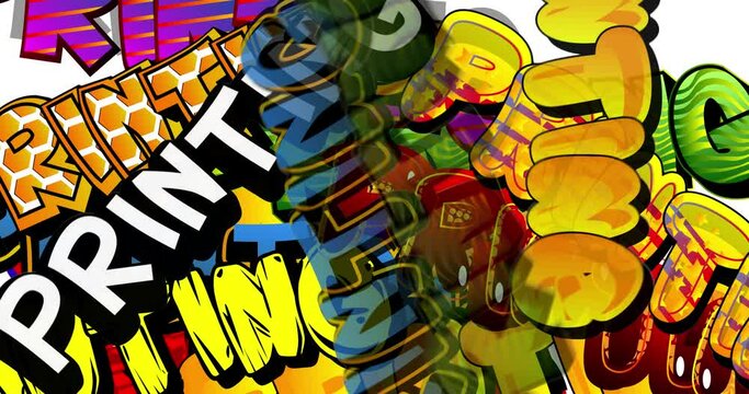 Printing. Print on printer business concept. Motion poster. 4k animated Comic book word text moving on abstract comics background. Retro pop art style.