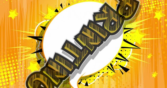 Printing. Print on printer business concept. Motion poster. 4k animated Comic book word text moving on abstract comics background. Retro pop art style.
