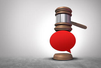 Speech laws and hate speech law concept or illegal misinformation and freedom of expression or censorship symbol as a justice judge gavel with a word bubble