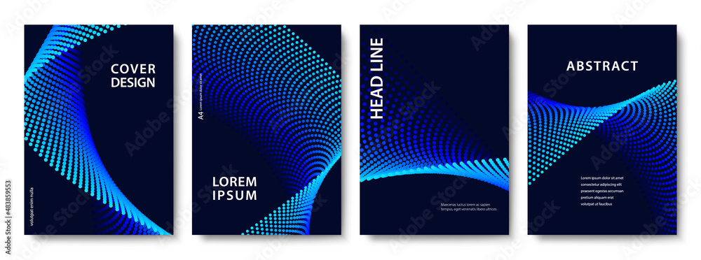 Wall mural set of geometric backgrounds of wavy colorful dots in blue tones. modern vector illustration without