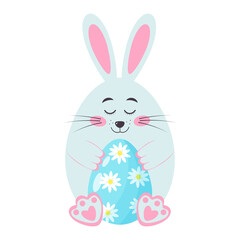 Cute bunny with Easter egg decorated chamomiles. Easter rabbit in the form of an egg is smiling. Cartoon character.