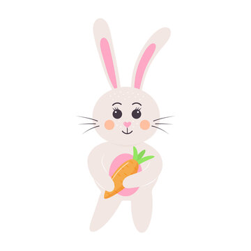 Cute Easter bunny with carrot. Rabbit baby with a heart nose. Cartoon vector character isolated on white background.
