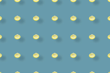 Colorful pattern of condoms on blue background with shadows. Top view. Flat lay. Pop art design