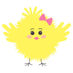 Cute fluffy yellow chick with pink bow. Easter baby chicken. Cartoon character. Vector illustration.
