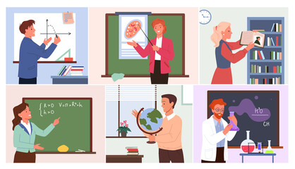 Cartoon female and male teacher or professor teaching math, chemistry, biology or literature near class board. Education concept
