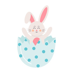 Easter bunny sitting in the egg shell. Joyful little rabbit hatching from a cracked egg. Cute cartoon funny character.