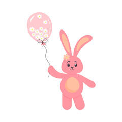 Cute pink bunny holding a balloon full of chamomiles. Children's character. Easter rabbit. Vector illustration.