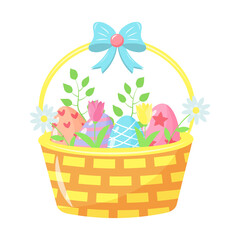 Basket with painted Easter eggs, tulips, chamomiles and twigs. Beautiful bow on the top. Vector illustration.