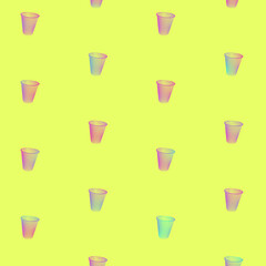 Paper drinking cups pattern in vibrant gradient holographic neon colors. Concept art. Minimal surrealism background