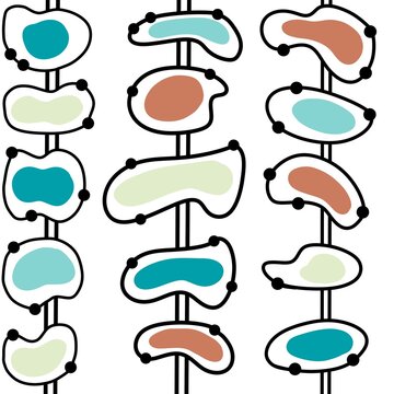 Seamless hand drawn mid century modern pattern in beige blue turquoise black white colors. Retro vintage 50s 60 atomic age mcm pattern with abstract geometric round oval shapes for textile wallpaper.