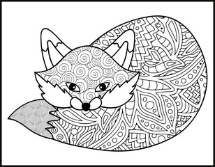 fox Mandala vector and coloring page, animal coloring page for adults