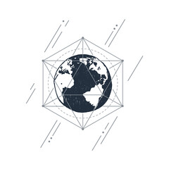 Hand drawn planet Earth textured vector illustration. Geometric style.