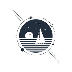 Hand drawn nautical sunset textured vector illustration with a yacht silhouette, sun, and sea. Geometric style.