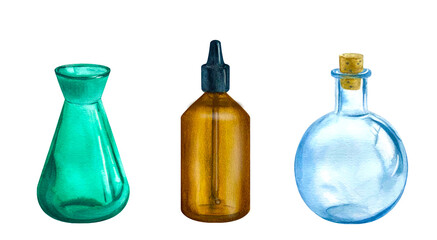 Various beautiful set of colored clear glass bottles for aromatic oil or potion