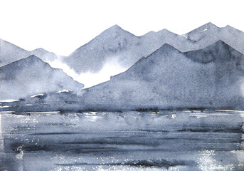 Mountain landscape in fog, ink or hand drawn watercolor illustration
