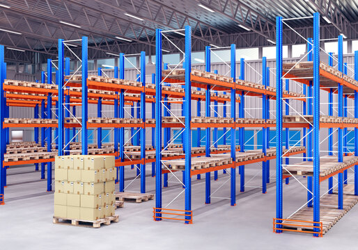 Warehouse with empty shelves. Storage room with useful shelving. Flight with parcels in logistics center. Delivery service distribution center. Delivery service parcels in foreground. 3d rendering.