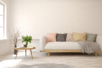 White living room with sofa. Scandinavian interior design. 3D illustration